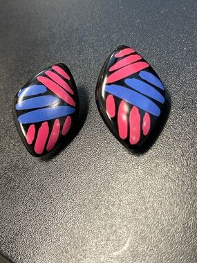 Retro Black Earrings with Pink & Blue Stripe Design-D4